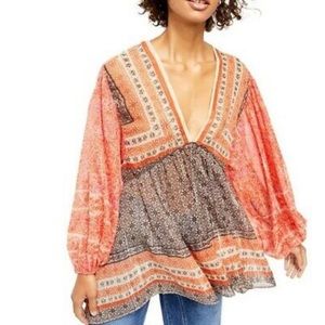 Free People Aliyah Printed Orange Black Gold Tunic Top
